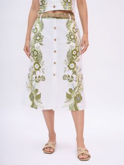 ELLE - Women White Floral Printed Relaxed Fit Calf Length Skirt