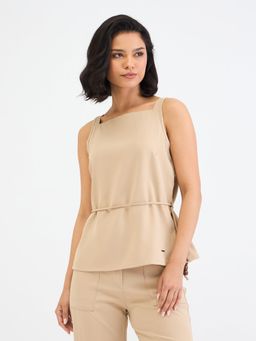 ELLE - Women Beige Solid Square Neck Relaxed Fit Top with Belt