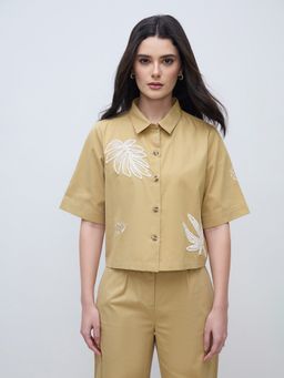 ELLE - Women Beige Printed Shirt Collar Boxy Fit Top