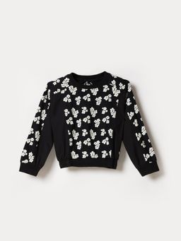 Blue Giraffe - Girls Black Floral Printed Round Neck Regular Fit Top