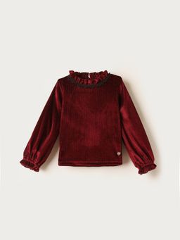 Blue Giraffe - Girls Maroon Textured Round Neck Regular Fit Top