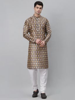 NEUDIS - Men Grey Yellow Patola Print Dupion Silk Kurta and Churidaar (Set of 2)