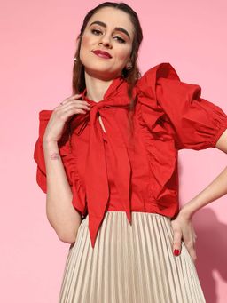 AAREIN - Women Gorgeous Red Solid Ruffled Top