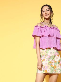 AAREIN - Women Elegant Pink Solid Ruffled Crop Top