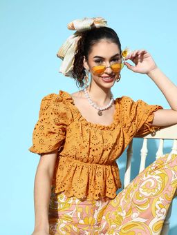 AAREIN - Women Stylish Mustard Self-Design Schiffli Top