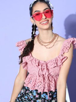 AAREIN - Women Pretty Pink Self-Design Schiffli Top