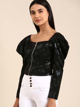 AAREIN - Black Floral Power Sleeves Sweetheart Neck Top