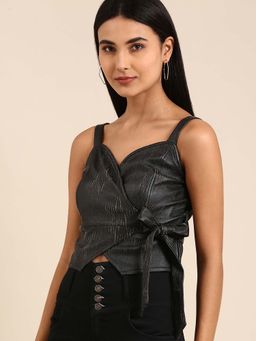 AAREIN - Women Black Wrap Top with Tie-Up