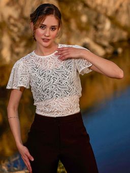 AAREIN - White Self Design Lace Back Knot Crop Top