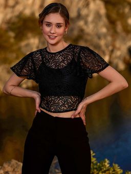 AAREIN - Black Self Design Lace Back Knot Crop Top