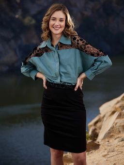 AAREIN - Teal Lace Self Design Insert Cotton Shirt