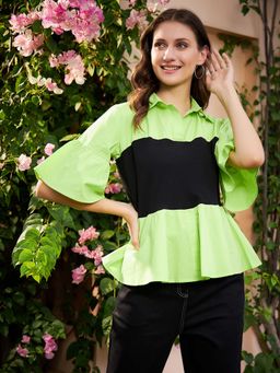 AAREIN - Green and Black Colour blocked Pure Cotton Peplum Top