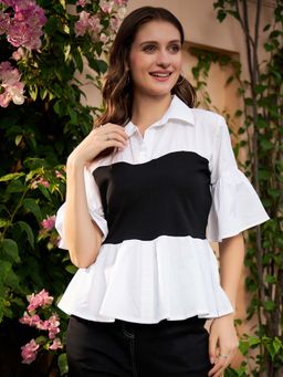 AAREIN - White and Black Colour blocked Pure Cotton Peplum Top