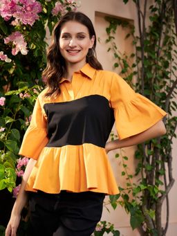 AAREIN - Orange and Black Colour blocked Pure Cotton Peplum Top