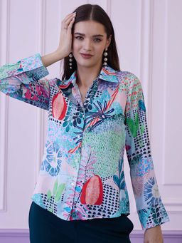 AAREIN - Women Blue Printed Collar Neck Shirt