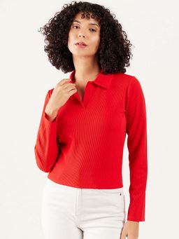 AAREIN - Immutable Red Ribbed Solid Collar Top