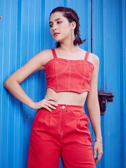 AAREIN - Red Shoulder Straps Cotton Canvas Fitted Crop Top