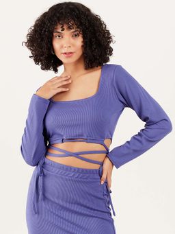AAREIN - Purple Square Neck Waist Tie-Ups Fitted Crop Top