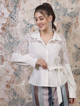 AAREIN - White Cuffed Sleeves Lace Inserts Shirt