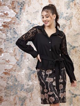AAREIN - Black Cuffed Sleeves Lace Inserts Shirt