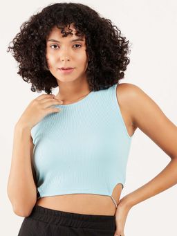 AAREIN - Blue Round Neck Cut-Out Detailed Fitted Crop Top
