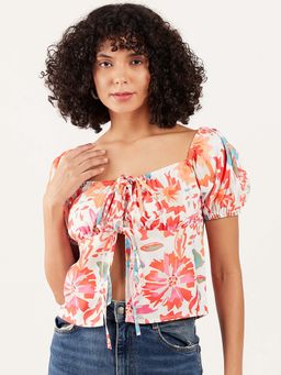 AAREIN - White Floral Printed Square Neck Crop Top