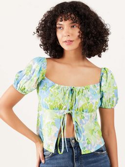 AAREIN - Green Floral Printed Square Neck Crop Top