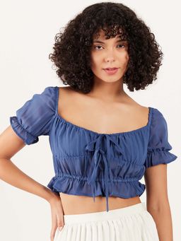 AAREIN - Blue Sweetheart Neck Gathered Cinched Waist Crop Top