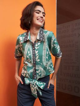 AAREIN - Immutable Green Ethnic Motifs Printed Linen Shirt