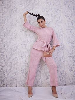 AAREIN - Pink Self Design Waist Tie Ups Regular Top and Belt (Set of 2)