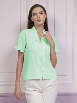 AAREIN - Green Textured Half Sleeves Shirt Style Top