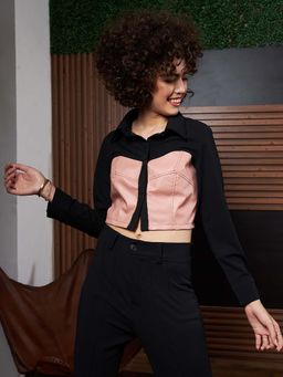 AAREIN - Pink Colour blocked Leather Crop Shirt