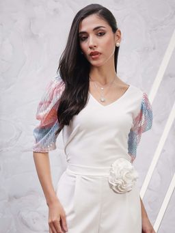 AAREIN - White V-Neck Sequined Half Sleeve Top