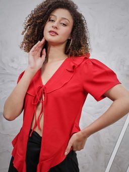 AAREIN - Red Solid Short Sleeves Frill Top