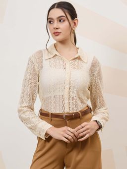 AAREIN - Beige Self Design Full Sleeves Semi Sheer Shirt