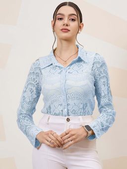 AAREIN - Blue Self Design Full Sleeves Semi Sheer Shirt