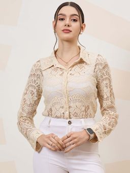 AAREIN - Beige Self Design Full Sleeves Semi Sheer Shirt