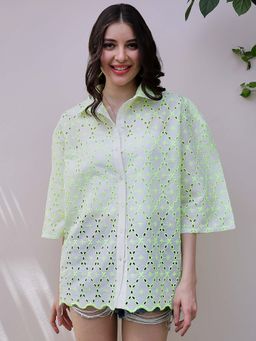 AAREIN - Green Self Design Cotton Schiffli Shirt