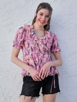 AAREIN - Lavender Printed V-Neck Ruffles Detailed Top