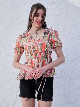 AAREIN - Multicolor Printed Ruffles Georgette Wrap Top