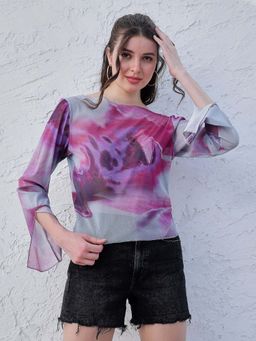 AAREIN - Purple Boat Neck Bell Sleeve Semi Sheer Top