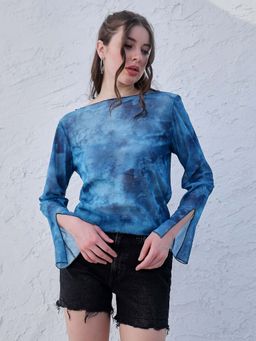 AAREIN - Blue Boat Neck Bell Sleeve Semi Sheer Top