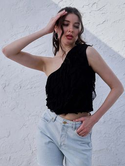AAREIN - Black One Shoulder Ruffles Detailed Top