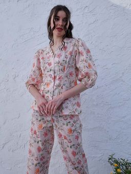 AAREIN - Floral printed V-Neck Puff Sleeves Shirt Style Top