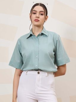AAREIN - Green Immutable Collar Cotton Casual Shirt