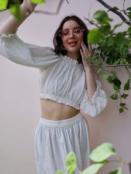 AAREIN - White Solid Off-Shoulder Full Sleeves Crop Top