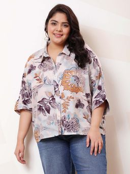AAREIN - Ample Plus Size Printed Kimono Sleeve Linen Shirt