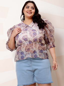 AAREIN - Ample Plus Size Printed Collar Neck Organza Top