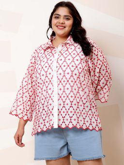 AAREIN - Red Ample Plus Size Schiffli Cotton Casual Shirt