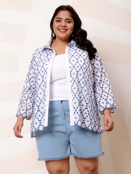 AAREIN - Blue Ample Plus Size Schiffli Cotton Casual Shirt